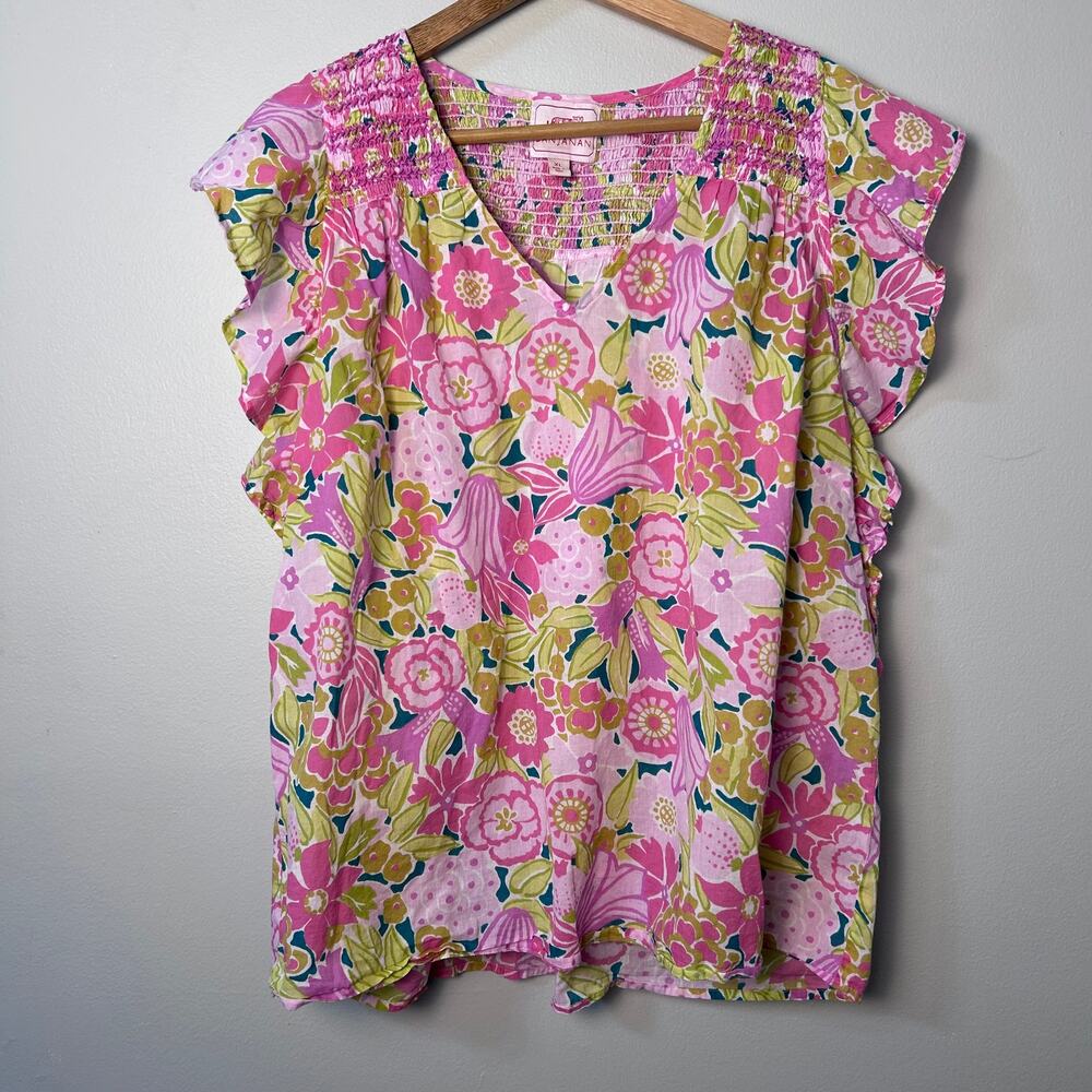 Banjanan Cotton Top Blouse Ruched Smocked Pink Green Floral Anthro Shirt XL - Picture 1 of 5